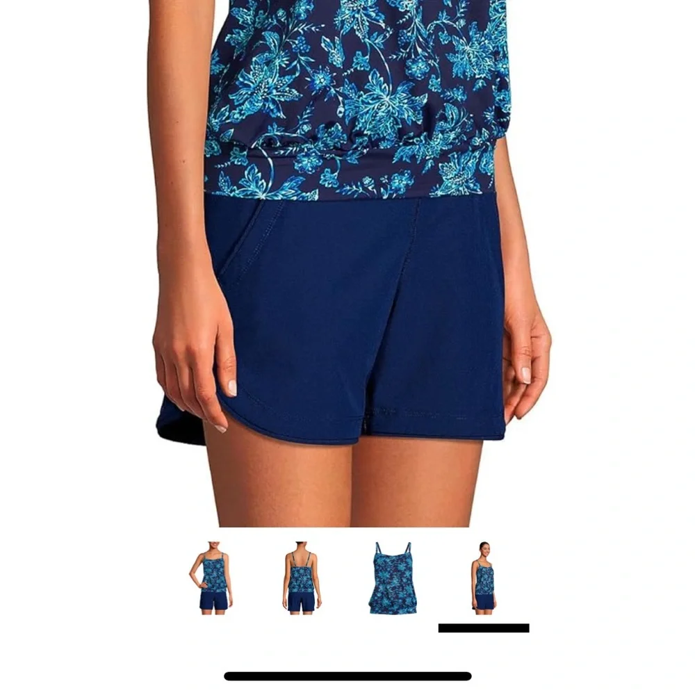 Lands End Deep Sea Navy Jacobean Blouson Swim Top Size 10 - Picture 3 of 7